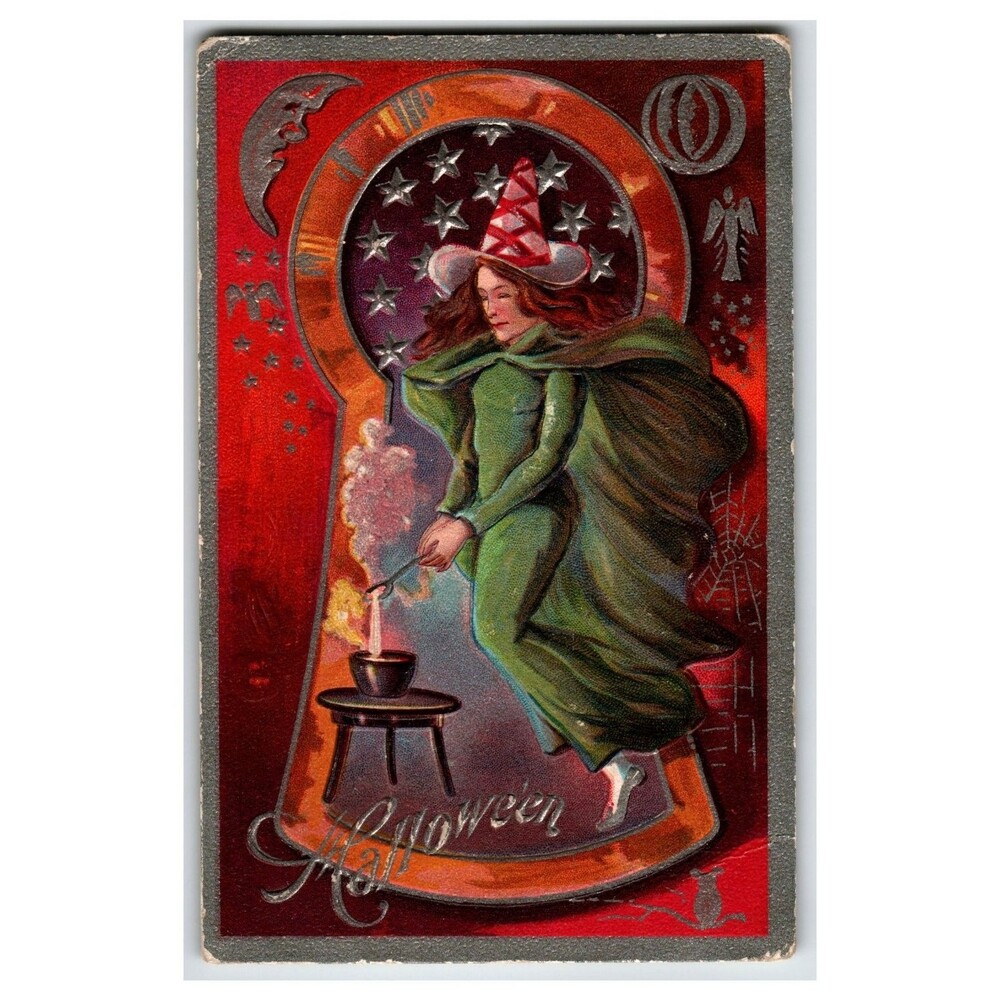 1910 Embossed Halloween Witch Keyhole Postcard - Kansas City Postmark